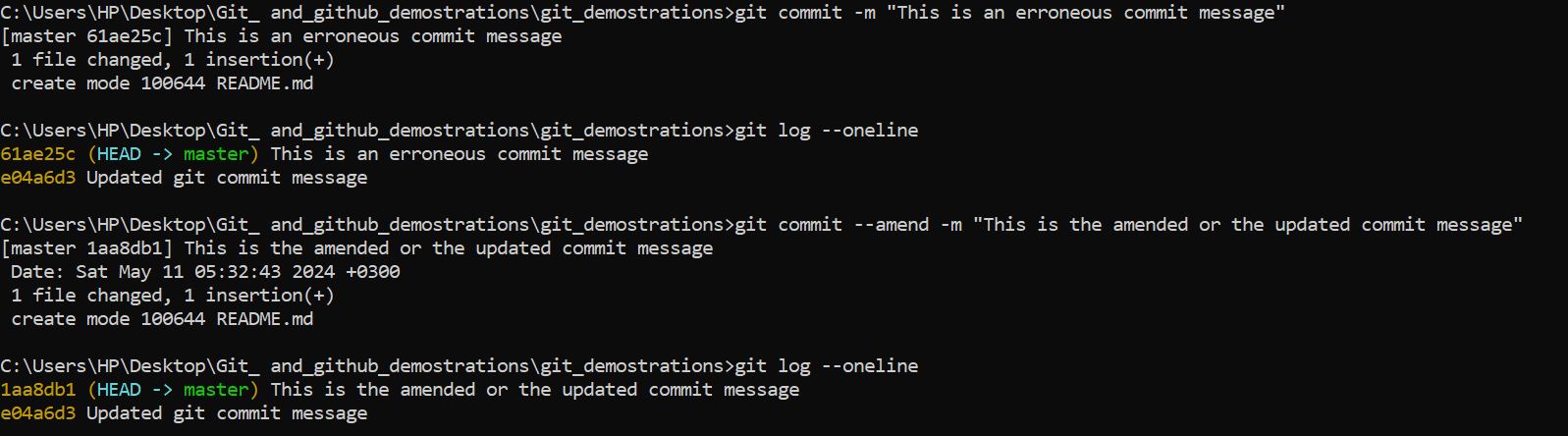 How to change incorrect commit message using the --ammend option.